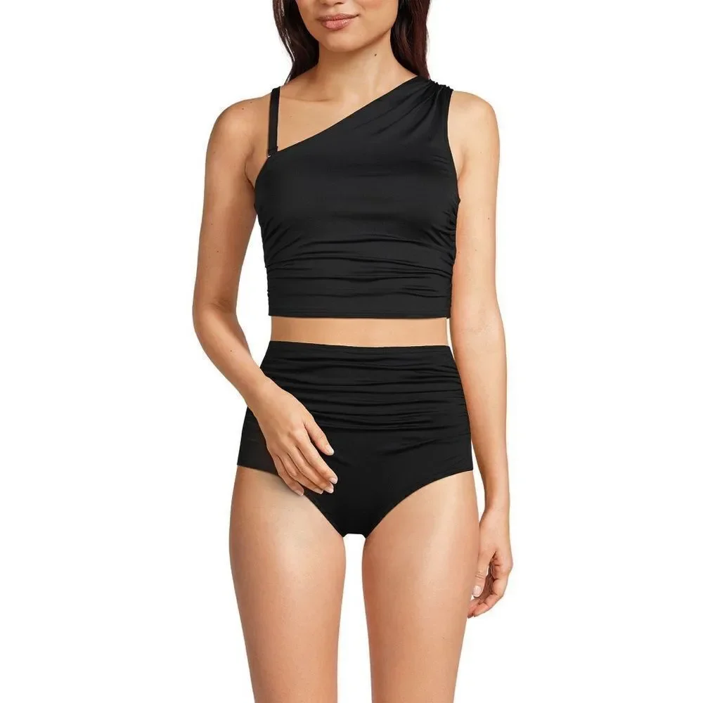 Land’s End multi way one shoulder adjustable strap soft tankini Top Black Var